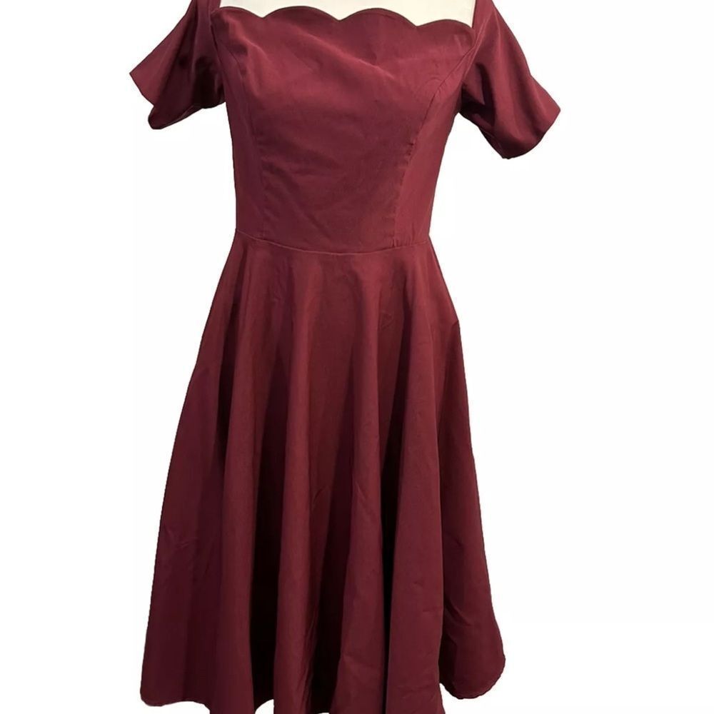 Belle Pogue Chic Red A-Line Midi Dress with Sweetheart Scalloped Neckline